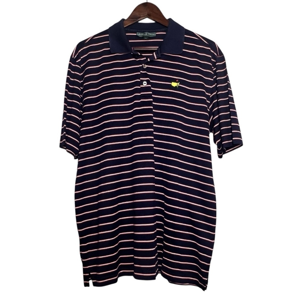 Masters Collection Polo Shirt Mens Large Logo Blue Red Striped Short Sleeve